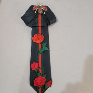 Black Tie with Red and Green Floral Design